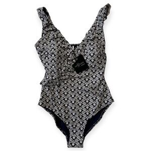 Nip Tuck Swim-Navy & White One piece Swimsuit-Ruffle trim-V neck-NWT-Sz 6